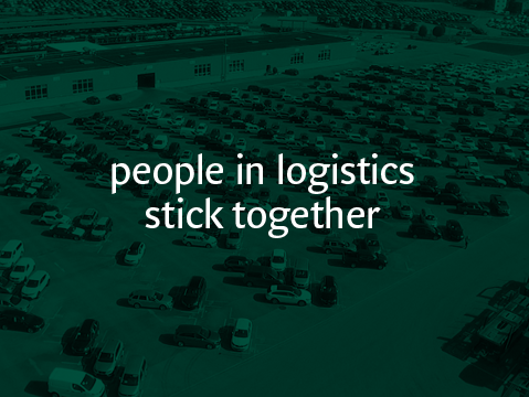 Areal picture of the Hödlmayr compound with a green overlay and people in logistics slogan