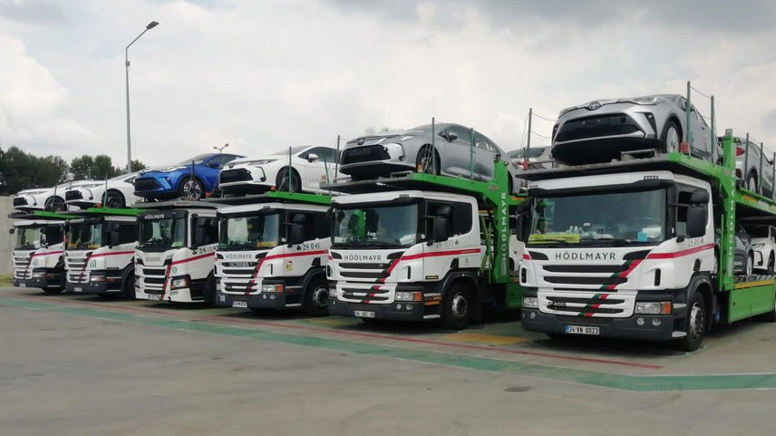 Loaded Hödlmayr trucks at the compound in Istanbul